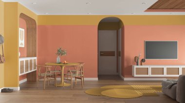 Çağdaş ahşap yemek odası, turuncu tonlarda oturma odası sandalyeli masa, sürgülü kapı. Rattan televizyon dolabı, halı, parke ve baston tavan. Kumaş askısı. İç tasarım