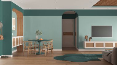 Çağdaş ahşap yemek odası ve turkuaz tonlarda oturma odası sandalyeli masa, sürgülü kapı. Televizyon dolabı, halı, parke ve baston tavan. Kumaş askısı. İç tasarım