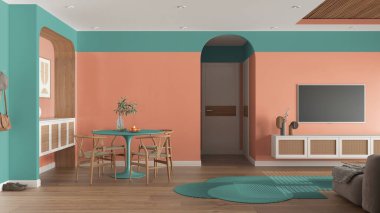 Çağdaş ahşap yemek odası turkuaz ve turuncu tonlarda oturma odası sandalyeli masa, sürgülü kapı. Televizyon dolabı, parke ve baston tavan. Kumaş askısı. İç tasarım