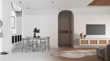 Mimar iç mimar konsepti: elle çizilmiş tamamlanmamış proje gerçek oluyor, yemek ve oturma odası, sandalyeli masa, sürgülü kapı. Rattan televizyon dolabı