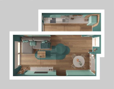 Modern ahşap mutfak, turkuaz tonlarda yemek ve oturma odası, halılı kanepe, sandalyeli masa, sürgülü kapı. Pencere ve parke zemin. Manzara, plan, yukarısı. İç tasarım