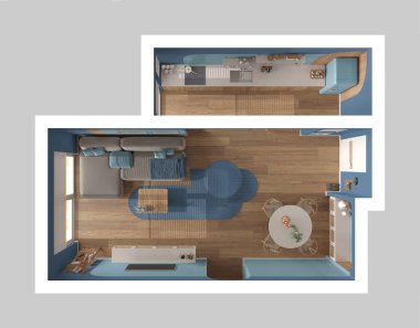 Modern ahşap mutfak, mavi tonlarda yemek ve oturma odası, halılı kanepe ve sandalyeli masa, sürgülü kapı. Pencere ve parke zemin. Manzara, plan, yukarısı. İç tasarım