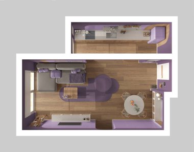 Modern ahşap mutfak, mor tonlarda yemek ve oturma odası, halılı kanepe ve sandalyeli masa, sürgülü kapı. Pencere ve parke zemin. Manzara, plan, yukarısı. İç tasarım