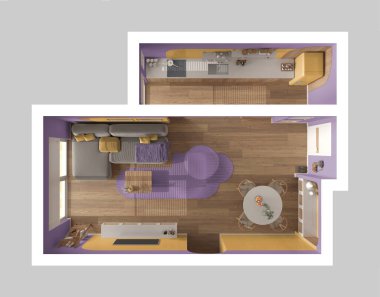 Modern ahşap mutfak, menekşe rengi yemek ve oturma odası, halılı kanepe ve sandalyeli masa, sürgülü kapı. Pencere, parke. Manzara, plan, yukarısı. İç tasarım