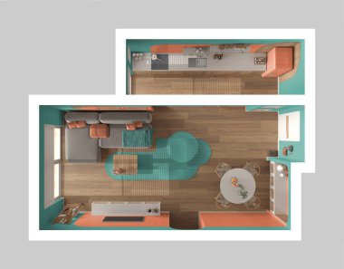 Modern ahşap mutfak, turuncu ve turkuaz tonlarda yemek ve oturma odası, halılı kanepe, sandalyeli masa, sürgülü kapı. Pencere, parke. Manzara, plan, yukarısı. İç tasarım