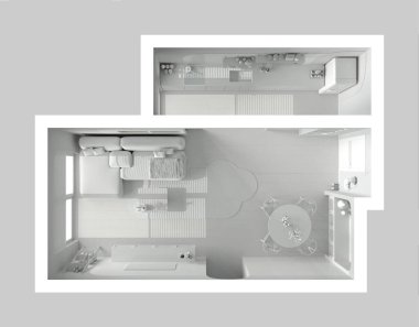 Tamamen beyaz proje taslağı, modern ahşap mutfak, yemek ve oturma odası, halılı kanepe ve sandalyeli masa, sürgülü kapı. Pencere, parke. Manzara, plan, yukarısı. İç tasarım