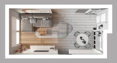 Mimar iç mimar konsepti: elle çizilmiş tamamlanmamış proje, gerçek hale geliyor, yemek ve oturma odası, kanepe ve sandalyeli masa. Üst görünüm, plan, yukarıda