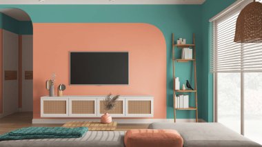 Turkuaz ve turuncu tonlarda modern ahşap oturma odası, sehpalı kadife kanepe, televizyonlu rattan tuvalet, merdiven rafları, dekorlar. Panjurlu büyük bir pencere. İç tasarım