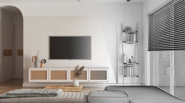 Mimari iç mimar konsepti: gerçek, oturma odası, kadife kanepe, televizyonlu tuvalet, kitaplı merdiven rafları haline gelen tamamlanmamış taslak proje. Panjurlu pencere