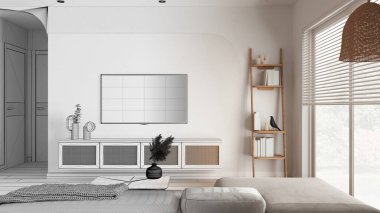 Mimari iç mimar konsepti: gerçek, oturma odası, kadife kanepe, televizyonlu tuvalet, kitaplı merdiven rafları haline gelen tamamlanmamış taslak proje. Panjurlu pencere