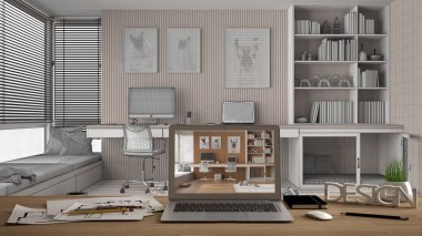 Mimari tasarımcı masaüstü konsepti, ahşap çalışma masasında iç tasarım projesini gösteren dizüstü bilgisayar, plan taslağı, masa ve köpek yatağı olan hayvan dostu ev ofisi