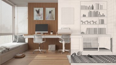 Boyalı paten çizimi iç tasarım tasarım tasarım tasarımı arka plan. Bu arada mekan modern ofis için gerçek hale geliyor. Önce ve sonra, mimar tasarımcı yaratıcı iş akışı