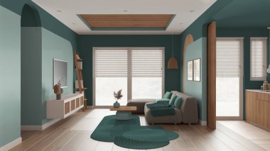 Turkuaz tonlu modern ahşap oturma odası, halı ve sehpalı kadife kanepe, televizyonlu rattan tuvalet. Panjurlu, parke ve baston tavanlı büyük bir pencere. İç tasarım