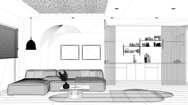 Proje taslağı, modern ahşap mutfak ve oturma odası, halı ve sehpalı kanepe, sürgülü kapı, raflar. Panjurlu, parke ve baston tavanlı bir pencere. İç tasarım