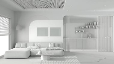 Tamamen beyaz proje taslağı, modern ahşap mutfak ve oturma odası, halı ve sehpalı kanepe, sürgülü kapı, raflar. Panjurlu, parke ve baston tavanlı bir pencere. İç tasarım