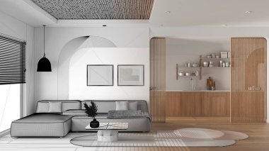 Mimari iç mimar konsepti: gerçek, modern mutfak ve oturma odası, kanepe, sürgülü kapı, raflar haline gelen el çizimi tamamlanmamış proje. Pencere, parke, baston tavan