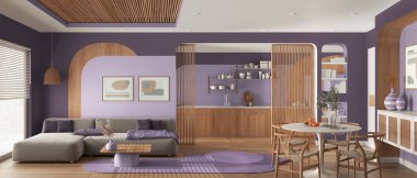 Modern ahşap mutfağın panoramik manzarası, mor tonlarda yemek ve oturma odası, halılı kanepe, sandalyeli masa, sürgülü kapı. Pencere, parke ve baston tavan. İç tasarım