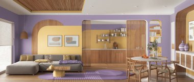 Modern ahşap mutfağın panoramik manzarası, yemek ve oturma odası sarı ve mor tonlarda, kanepe ve sandalyeli masa, sürgülü kapı. Pencere, parke ve baston tavan. İç tasarım