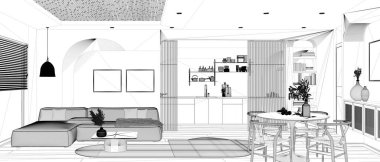 Proje taslağı, modern ahşap mutfağın panoramik manzarası, yemek ve oturma odası, kanepe ve sandalyeli masa, sürgülü kapı. Pencere, parke ve baston tavan. İç tasarım