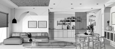 Tamamlanmamış proje taslağı, modern ahşap mutfak panoramik manzarası, yemek ve oturma odası, sandalyeli kanepe ve masa, sürgülü kapı. Pencere, parke ve baston tavan. İç tasarım