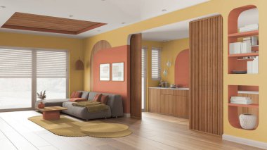 Modern ahşap mutfak ve turuncu tonlarda oturma odası, halı ve sehpalı kadife kanepe, sürgülü kapı, raflar. Panjurlu, parke ve baston tavanlı büyük bir pencere. İç tasarım