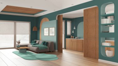 Modern ahşap mutfak ve turkuaz tonlarda oturma odası, halı ve sehpalı kadife kanepe, sürgülü kapı, raflar. Panjurlu, parke ve baston tavanlı bir pencere. İç tasarım