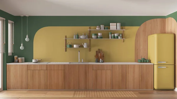 Modern Çağdaş Mutfak Yeşil Tonlarda Ahşap Dolaplar Musluk Indüksiyon Hobisi — Stok fotoğraf