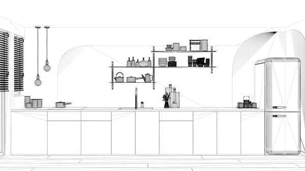 Проект Blueprint Сучасна Кухня Дерев Яні Кабіни Потоки Вентилятором Холодильник — стокове фото