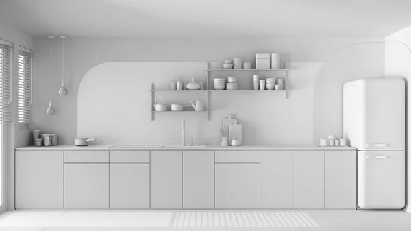 Totale Weiße Projektskizze Moderne Küche Holzschränke Spüle Mit Wasserhahn Und — Stockfoto