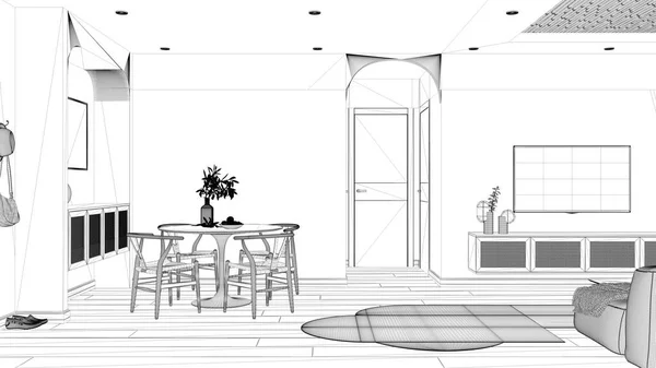Blueprint project draft, contemporary wooden dining and living room, table with chairs, sliding door. Rattan television cabinet, carpet, parquet and cane ceiling. Interior design