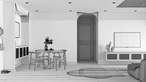 Unfinished project draft, contemporary wooden dining and living room, table with chairs, sliding door. Rattan television cabinet, carpet, parquet and cane ceiling. Interior design