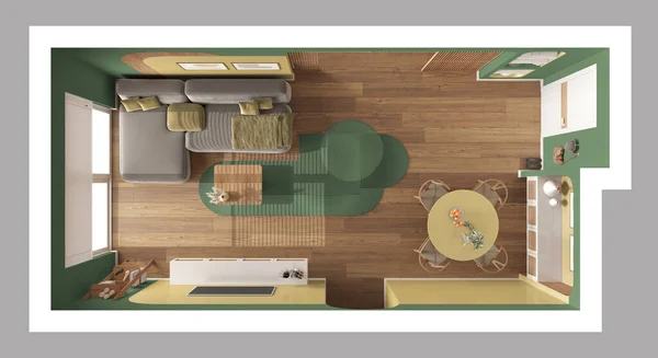 緑の色調で現代的な木製のダイニングとリビングルーム 椅子付きカーペットとテーブル付きのソファ スライドドア テレビキャビネット パケット トップビュー インテリアデザイン — ストック写真