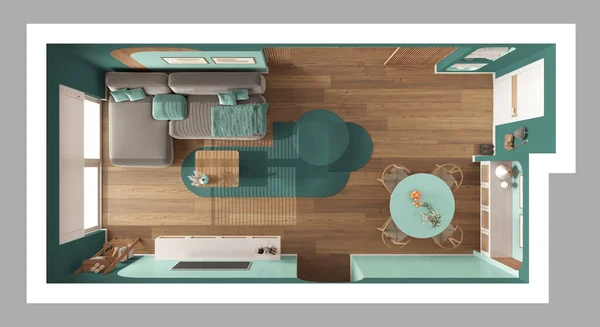 Contemporary wooden dining and living room in turquoise tones, sofa with carpet, table with chairs, sliding door. Television cabinet, parquet. Top view, plan, above. Interior design