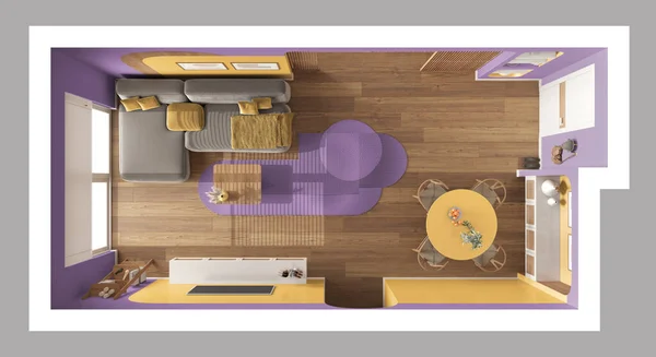 Contemporary wooden dining and living room in purple and yellow tones, sofa with carpet, table with chairs, sliding door and television cabinet. Top view, plan, above. Interior design