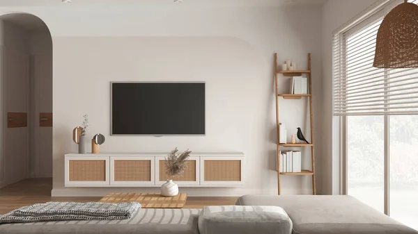 Modern Wooden Living Room White Tones Velvet Sofa Side Table — Stock Photo, Image
