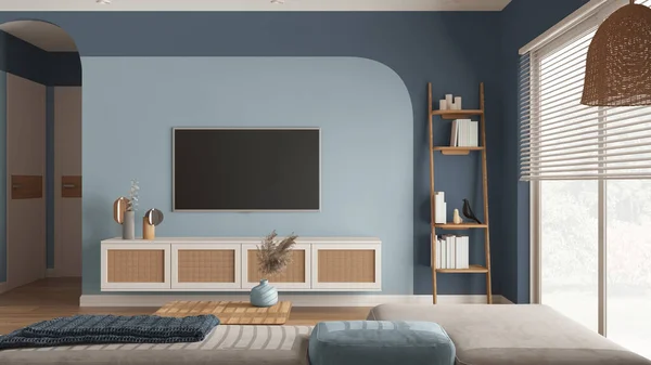 Modern Wooden Living Room Blue Tones Velvet Sofa Side Table — Stock Photo, Image