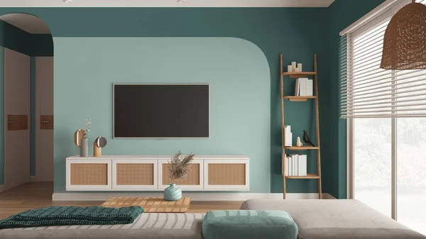 Modernes Wohnzimmer Aus Holz Türkisfarbenen Tönen Samtsofa Mit Tisch Rattankommode — Stockfoto