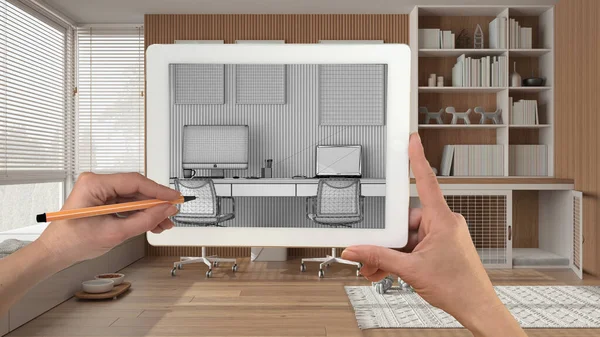 Mãos Segurando Desenho Tablet Mostrando Pet Amigável Home Office Com — Fotografia de Stock