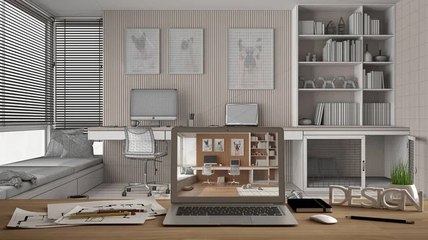 디자이너 데스크톱 나무로 책상에 노트북 디자인 프로젝트 청사진 침대가 친화적 — 스톡 사진