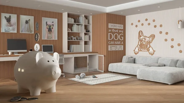 Wooden table top or shelf with white piggy bank with coins, pet friendly home office with desk, dog bed, expensive home interior design, renovation restructuring concept architecture