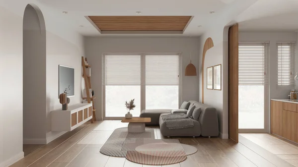 Modern wooden living room in white tones, velvet sofa with carpet and side table, rattan commode with television. Big window with blinds, parquet and cane ceiling. Interior design