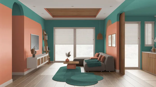 Moderní Dřevěný Obývací Pokoj Oranžových Tyrkysových Tónech Sametová Pohovka Kobercem — Stock fotografie