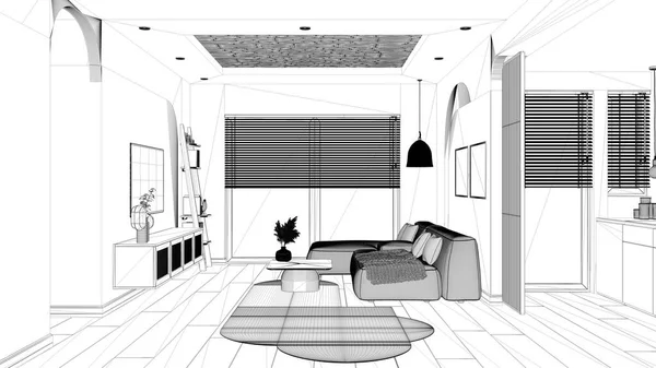 Blueprint Project Draft Modern Wooden Living Room Velvet Sofa Carpet — Stock Photo, Image
