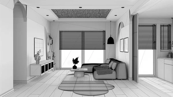 Unfinished Project Draft Modern Wooden Living Room Velvet Sofa Carpet — Stock Photo, Image