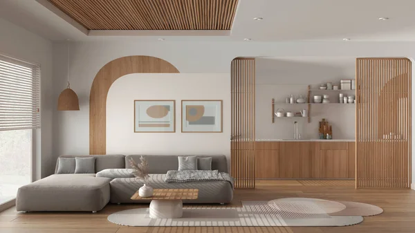 Moderne Holzküche Und Wohnzimmer Weißen Tönen Samtsofa Mit Teppich Und — Stockfoto