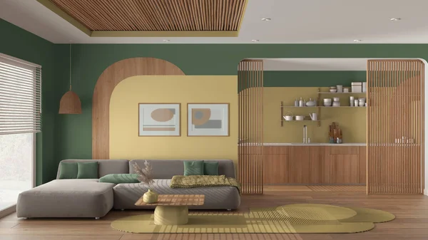 緑の色調でモダンな木製のキッチンとリビングルーム カーペットとサイドテーブル付きのベルベットのソファ スライドドア ブラインド 寄木細工 杖天井の大きな窓 インテリアデザイン — ストック写真