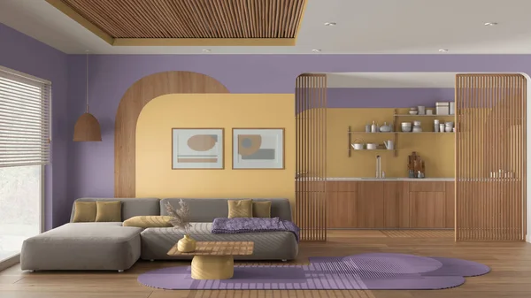 Modern wooden kitchen and living room in yellow and violet tones, sofa with carpet and side table, sliding door, shelves. Window with blinds, parquet and cane ceiling. Interior design