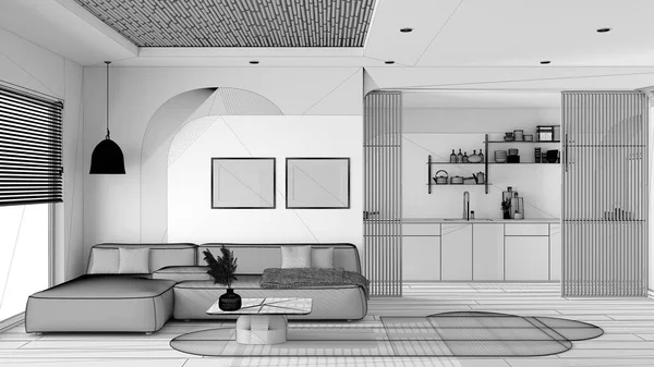 Unfertiger Projektentwurf Moderne Holzküche Und Wohnzimmer Sofa Mit Teppich Und — Stockfoto