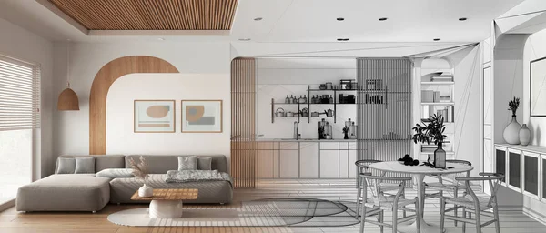 인테리어 디자이너 손으로 미완성 프로젝트는 현대의 소파와 의자가 소파와 탁자의 — 스톡 사진