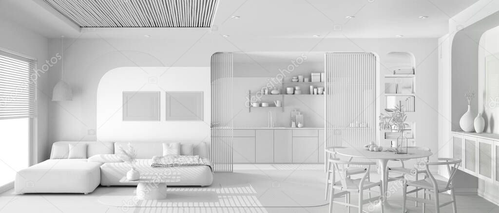 Total white project draft, panoramic view of modern wooden kitchen, dining and living room, sofa and table with chairs, sliding door. Window, parquet and cane ceiling. Interior design